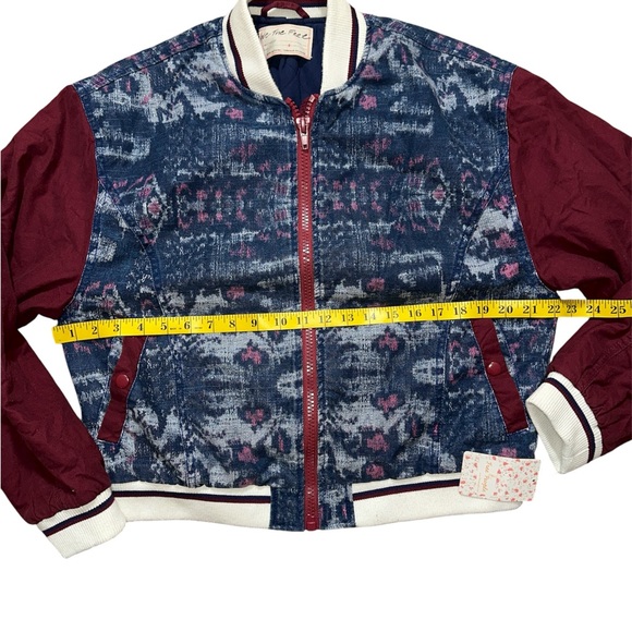 🌟HP🌟Free People Blue Patterned Bomber Jacket with Burgundy Sleeves - Picture 5 of 6
